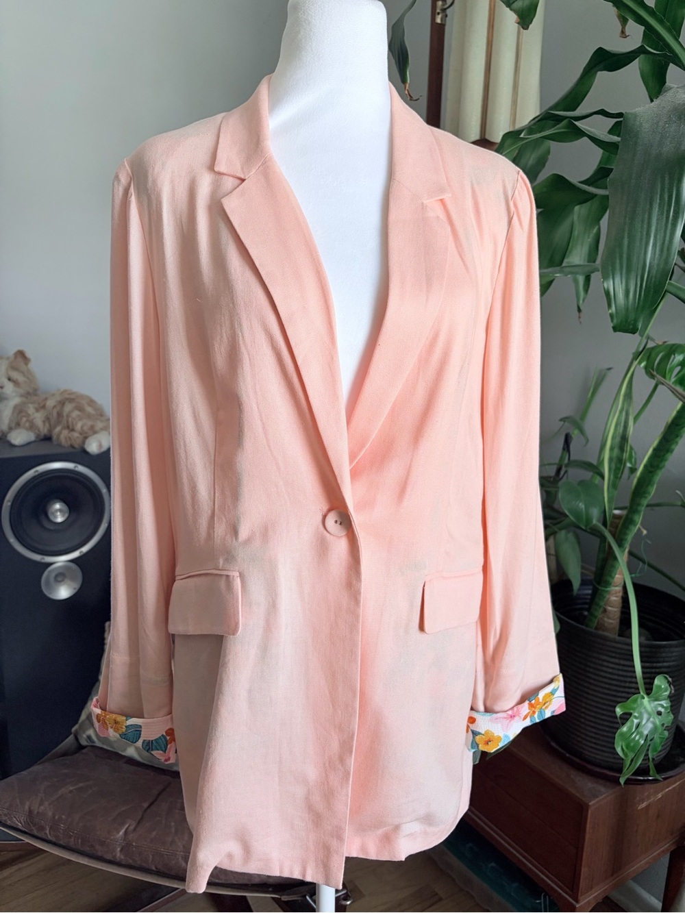 BCBGeneration Peach Single-Button Blazer with Floral Cuff Trim